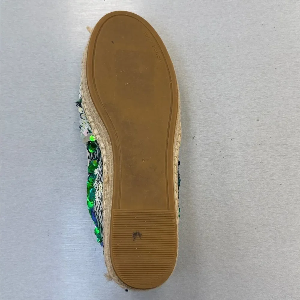 Tory Burch Green and Cream Sequin Espadrilles